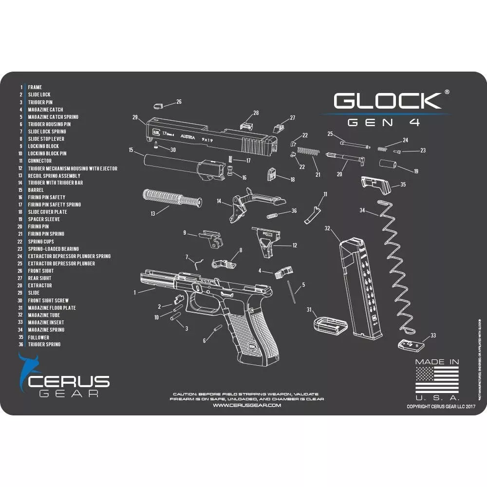 Cerus Gear 12x17 Glock Gen 4 Schematic Gun Cleaning Mat Gray