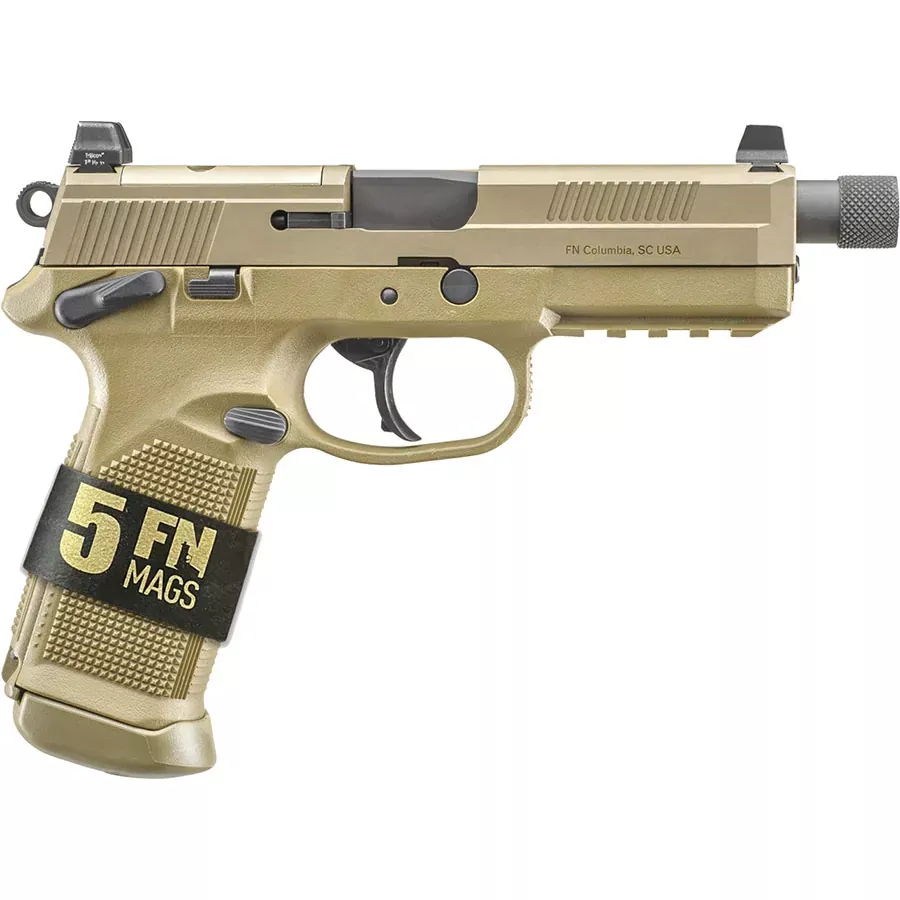 FN Herstal FNX Tactical Bundle 66-101634, 45 ACP, 5.3″, Black Threaded Barrel, FDE Serrated Slide/Frame, 15 Rds