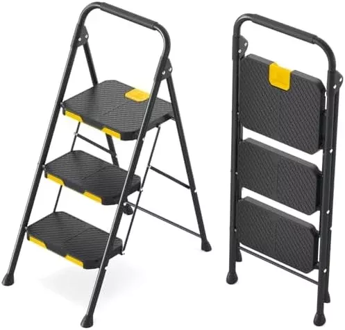KINGRACK 3 Step Ladder, Sturdy Steel Step Stool with Safe-Lock Design,