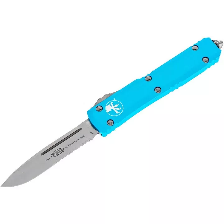 Microtech Ultratech Automatic Out The Front Knife, Single Edge Partially Serrated Stonewashed Blade, Blue Handle (121-11BL)