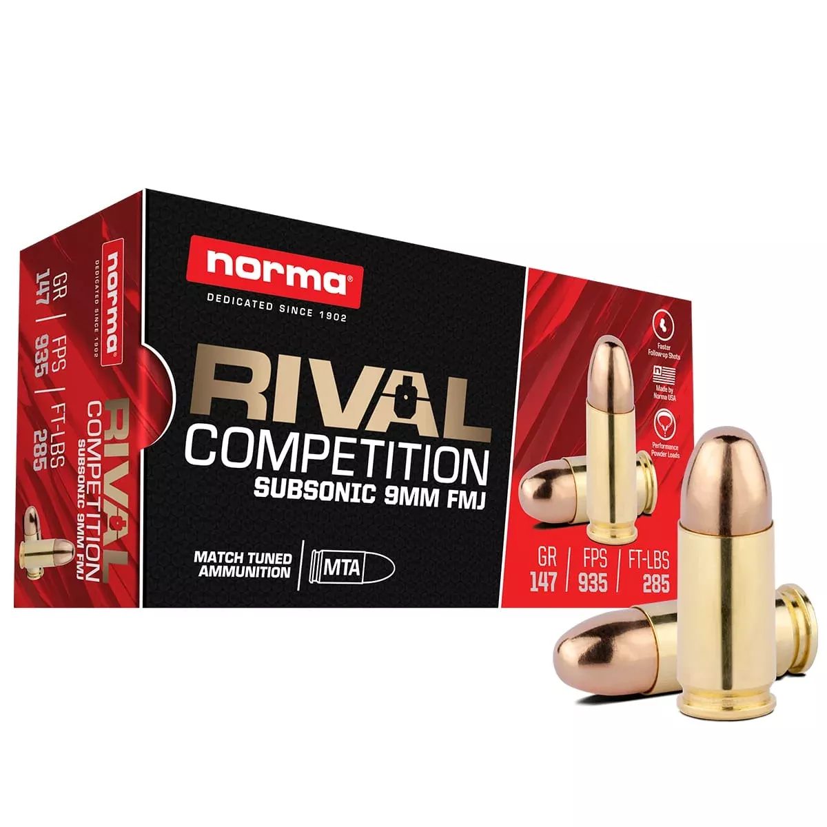 Norma 9mm Luger Rival 147 Grain Full Metal Jacket(FMJ) Subsonic