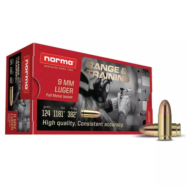 Norma Range & Training 9mm Luger Ammunition 124 Grain Full Metal Jacket Box of 50