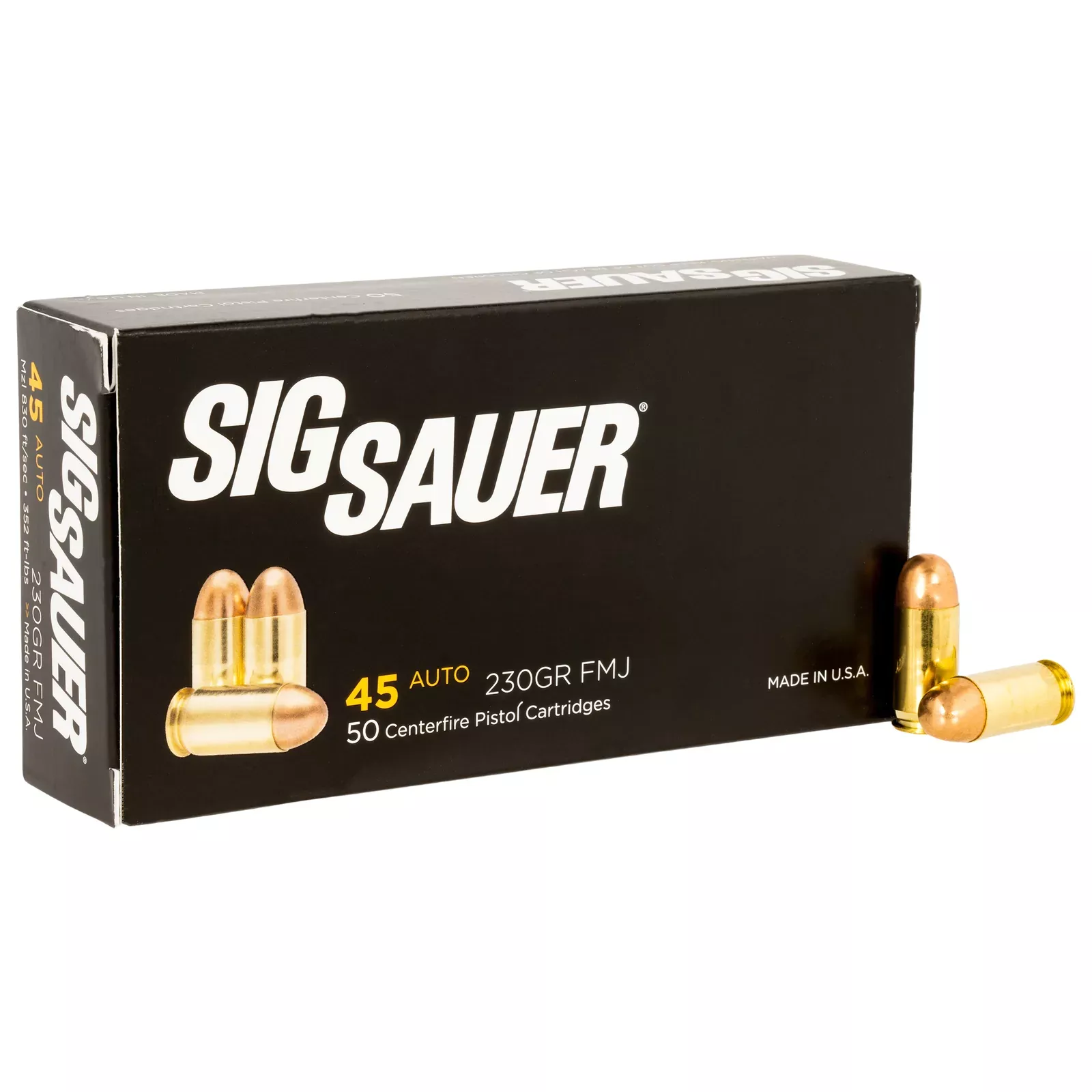 Sig Sauer Elite Performance Pistol Ammunition E45BA3, 45 ACP, Full Metal Jacket, 230 GR, 830 fps, 50 Rd/bx