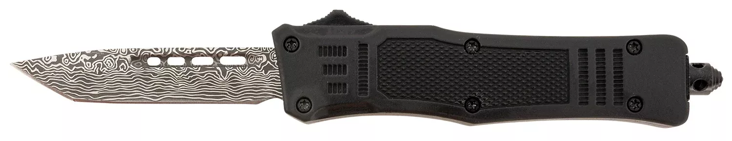 Steel River Spartan Mini OTF 2.75" Tanto Plain Laser Etched Damascus 440C SS Blade, Black Aluminum Handle