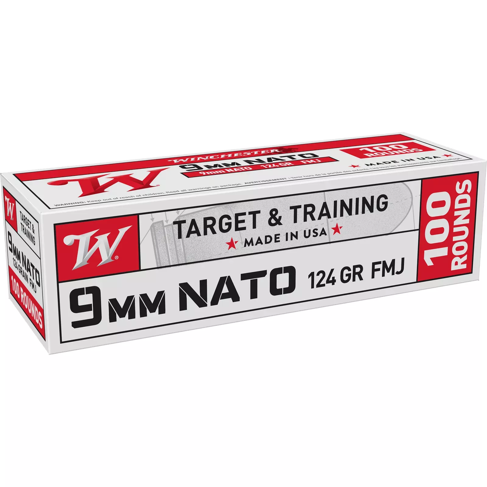 Winchester Target & Training Pistol Ammunition W9NATOVP, 9mm, FMJ, 124 gr, 100 Rd/Bx